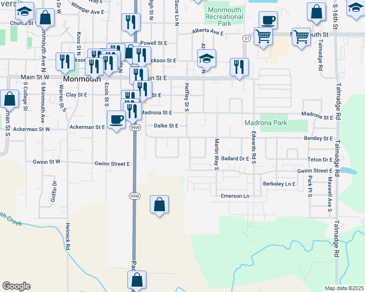 map of restaurants, bars, coffee shops, grocery stores, and more near 453 Scott Street South in Monmouth