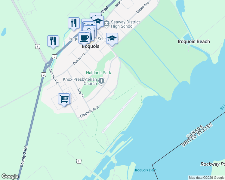 map of restaurants, bars, coffee shops, grocery stores, and more near 8 Ann Street in Iroquois