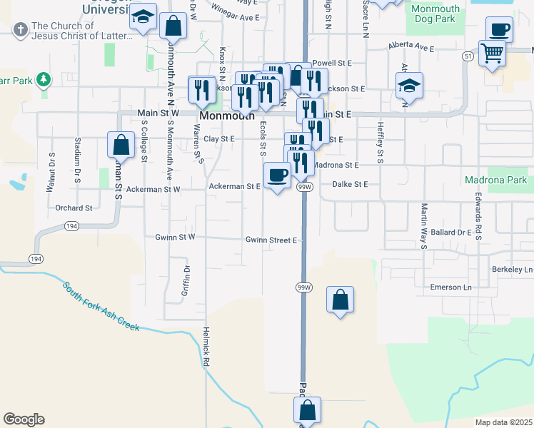 map of restaurants, bars, coffee shops, grocery stores, and more near 521 South Ecols Street in Monmouth