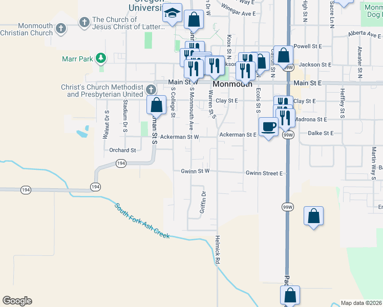 map of restaurants, bars, coffee shops, grocery stores, and more near 529 Monmouth Avenue South in Monmouth