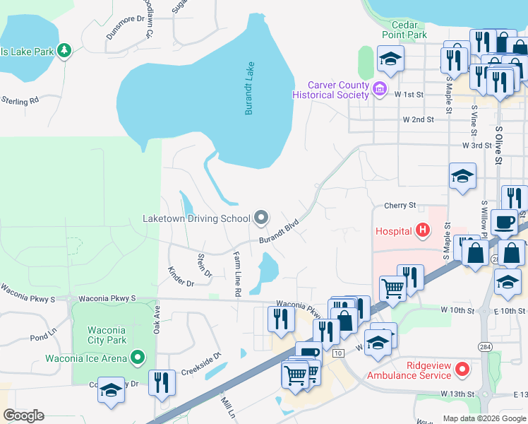 map of restaurants, bars, coffee shops, grocery stores, and more near 757 Pintail Circle in Waconia