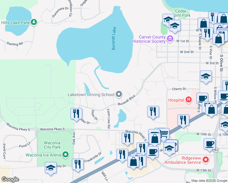 map of restaurants, bars, coffee shops, grocery stores, and more near 757 Pintail Circle in Waconia