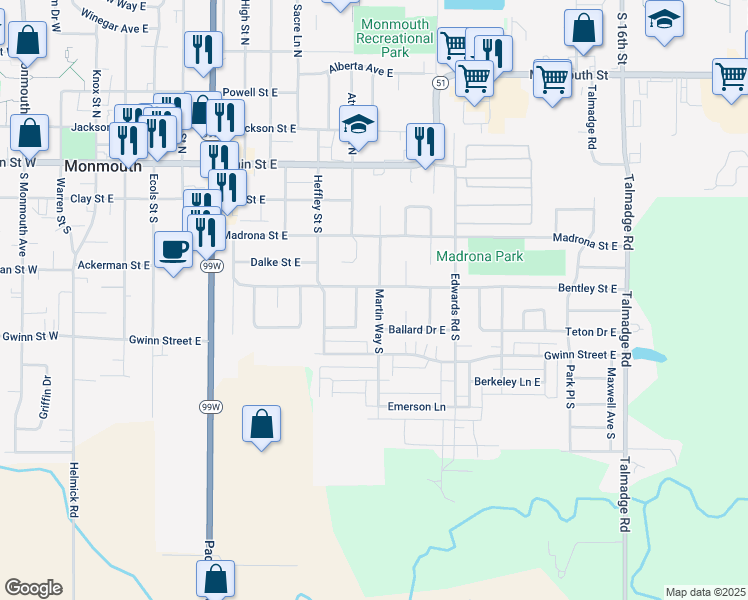 map of restaurants, bars, coffee shops, grocery stores, and more near 465 Martin Way South in Monmouth