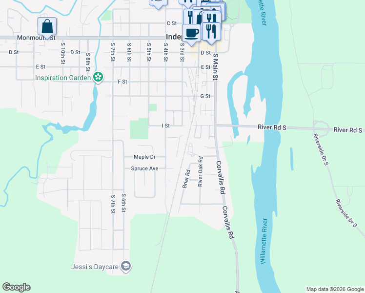 map of restaurants, bars, coffee shops, grocery stores, and more near 280 Evergreen Street in Independence