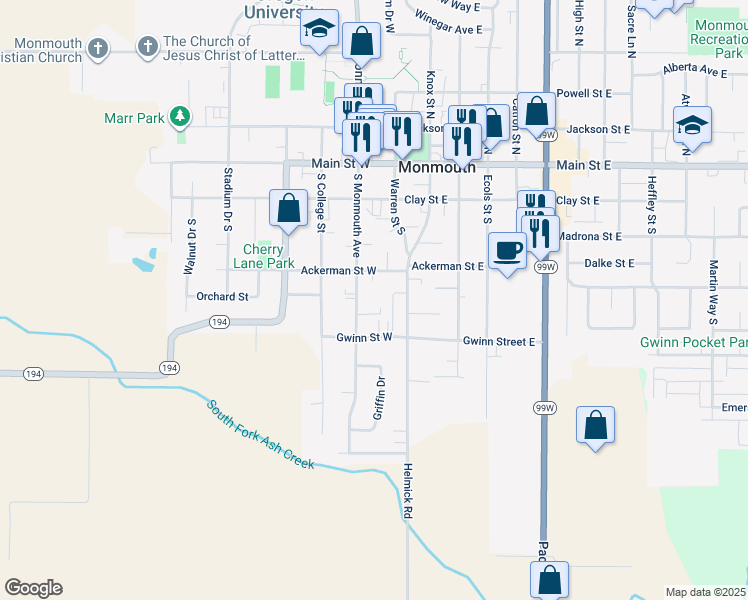 map of restaurants, bars, coffee shops, grocery stores, and more near 529 Monmouth Avenue South in Monmouth