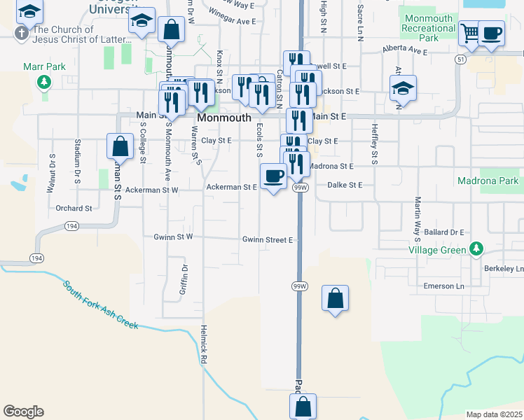 map of restaurants, bars, coffee shops, grocery stores, and more near 489 South Ecols Street in Monmouth