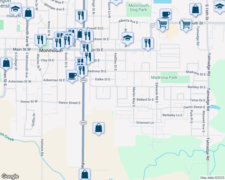 map of restaurants, bars, coffee shops, grocery stores, and more near 477 Scott Street South in Monmouth