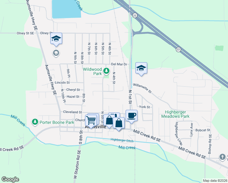 map of restaurants, bars, coffee shops, grocery stores, and more near Clover Street in Aumsville