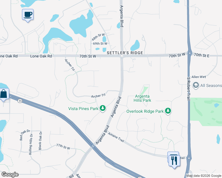 map of restaurants, bars, coffee shops, grocery stores, and more near 7241 Argenta Trail in Inver Grove Heights