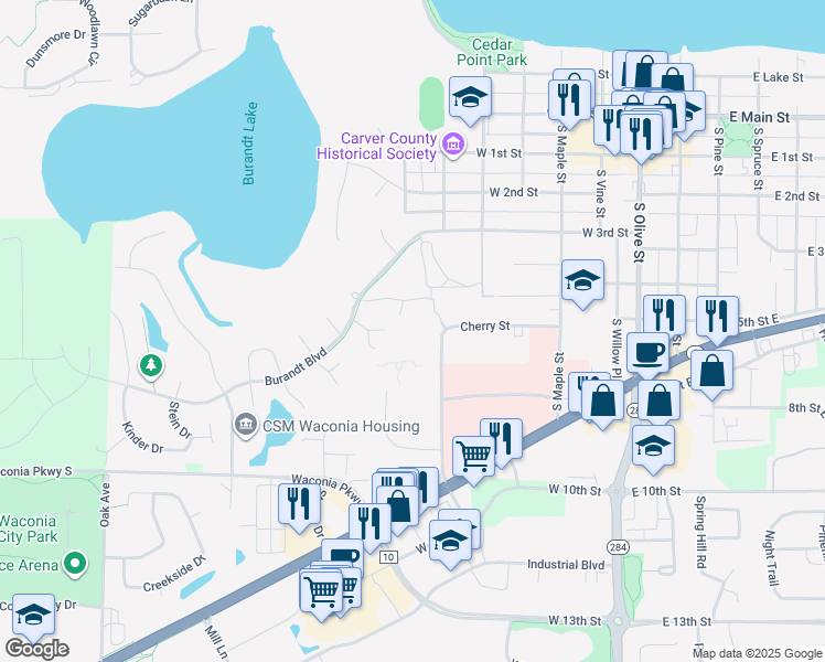 map of restaurants, bars, coffee shops, grocery stores, and more near 500 Cherry Street in Waconia