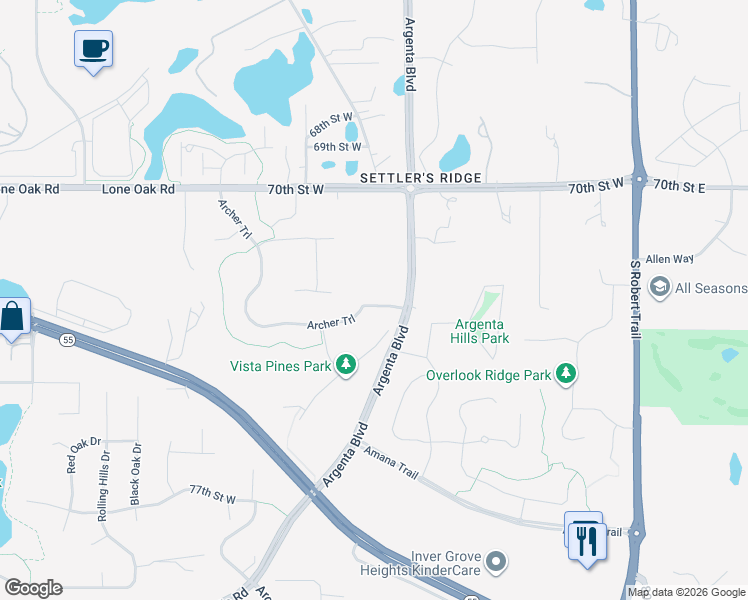 map of restaurants, bars, coffee shops, grocery stores, and more near 7241 Argenta Trail in Inver Grove Heights