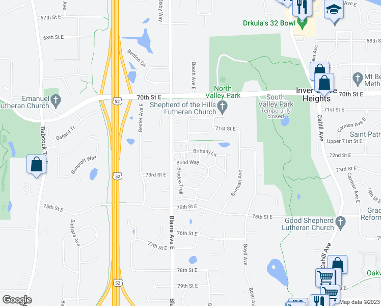 map of restaurants, bars, coffee shops, grocery stores, and more near 7305 Brittany Lane in Inver Grove Heights