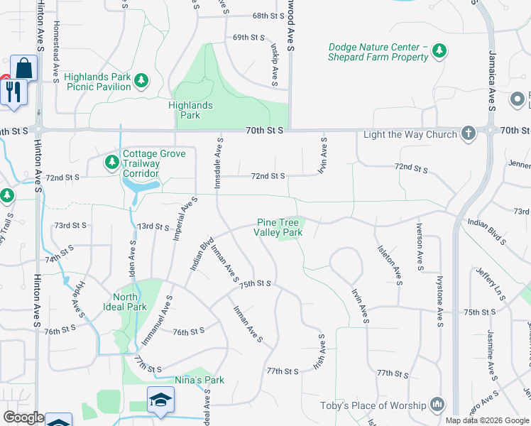 map of restaurants, bars, coffee shops, grocery stores, and more near 8401 Indian Boulevard South in Cottage Grove