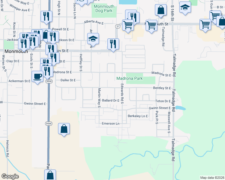 map of restaurants, bars, coffee shops, grocery stores, and more near 418 Rice Lane South in Monmouth