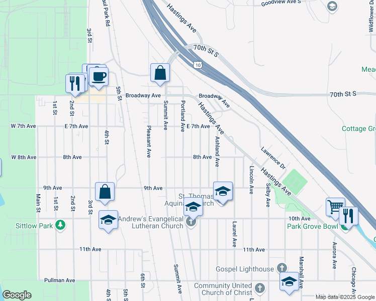 map of restaurants, bars, coffee shops, grocery stores, and more near 810 8th Avenue in Saint Paul Park
