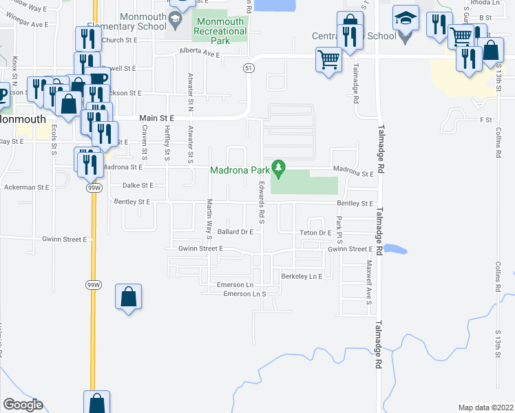 map of restaurants, bars, coffee shops, grocery stores, and more near 414 Edwards Road in Monmouth
