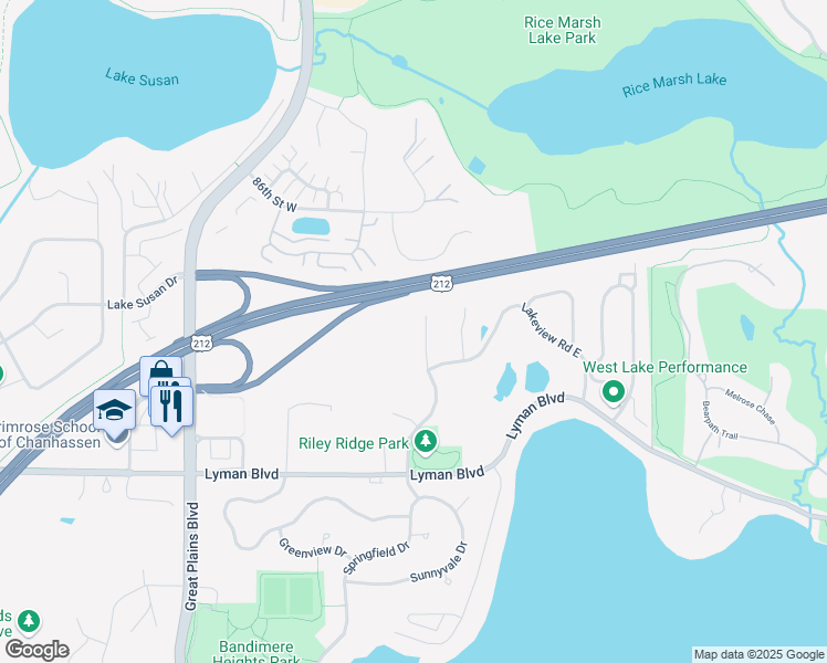 map of restaurants, bars, coffee shops, grocery stores, and more near 8790 Reflections Road in Chanhassen