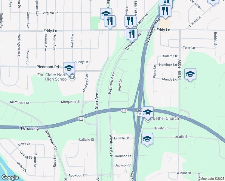 map of restaurants, bars, coffee shops, grocery stores, and more near 2617 Western Avenue in Eau Claire