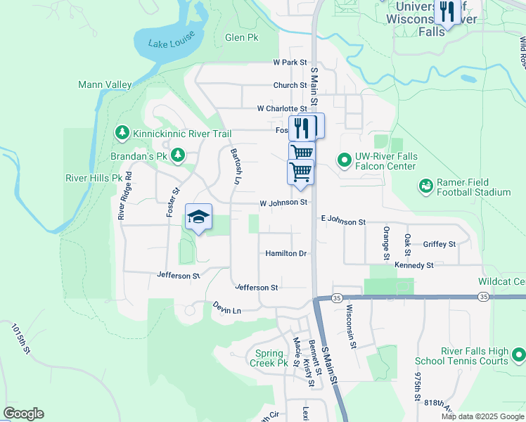 map of restaurants, bars, coffee shops, grocery stores, and more near 1205 Washington Court in River Falls