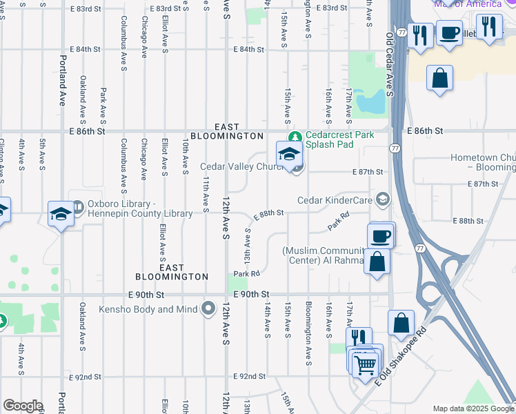 map of restaurants, bars, coffee shops, grocery stores, and more near 8800 13th Avenue South in Bloomington