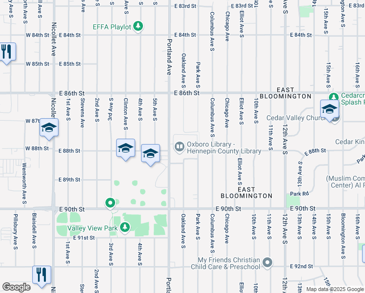 map of restaurants, bars, coffee shops, grocery stores, and more near 8803 Portland Avenue in Bloomington