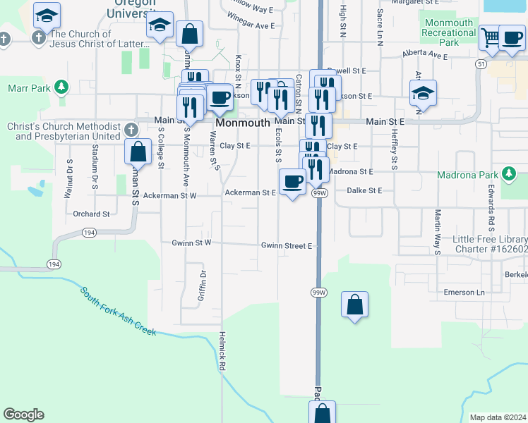 map of restaurants, bars, coffee shops, grocery stores, and more near 477 South Broad Street in Monmouth