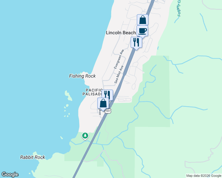 map of restaurants, bars, coffee shops, grocery stores, and more near 40 Fishing Rock Street in Depoe Bay