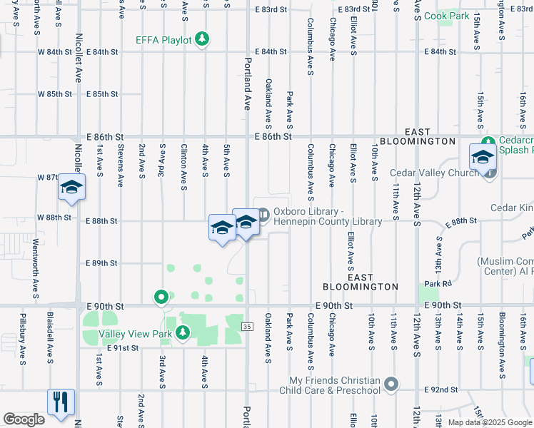 map of restaurants, bars, coffee shops, grocery stores, and more near 8735 Portland Avenue South in Minneapolis