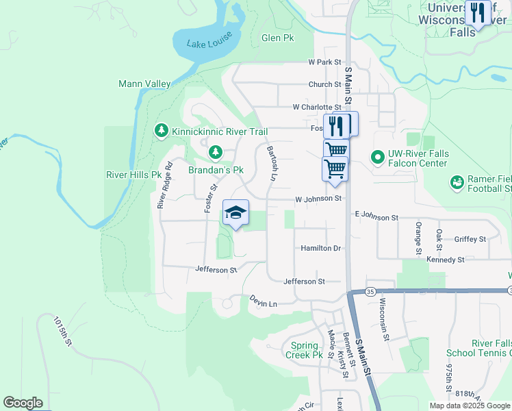 map of restaurants, bars, coffee shops, grocery stores, and more near 1285 Bartosh Lane in River Falls