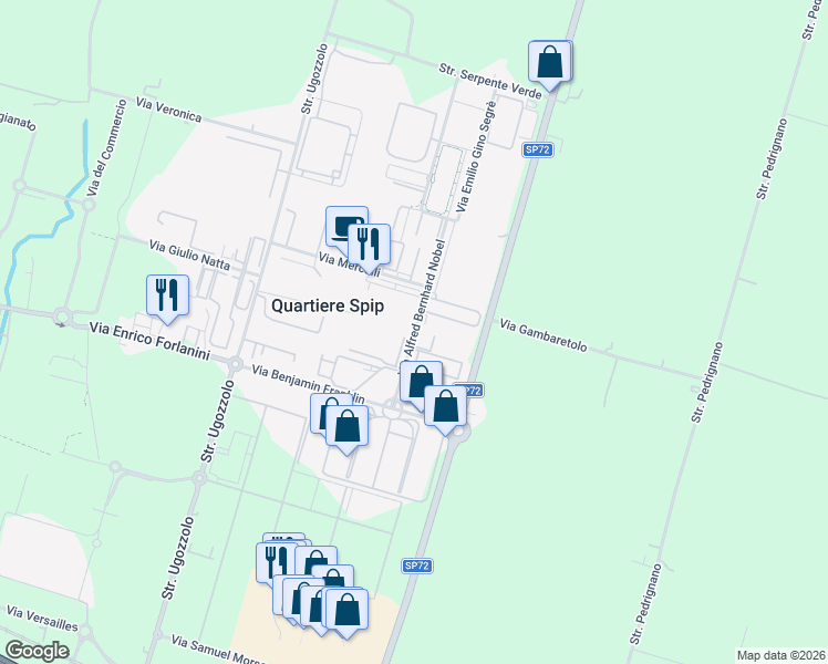 map of restaurants, bars, coffee shops, grocery stores, and more near 5a Via Alfred Bernhard Nobel in Quartiere Spip