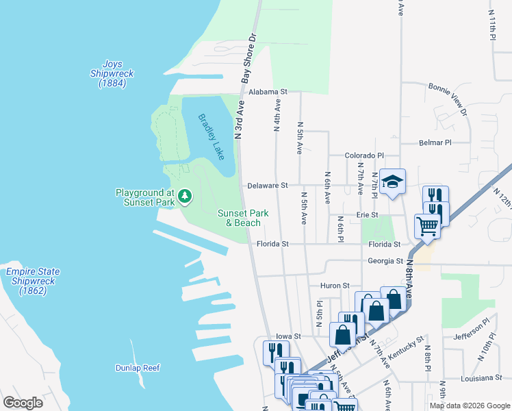 map of restaurants, bars, coffee shops, grocery stores, and more near 742 County Road B in Sturgeon Bay