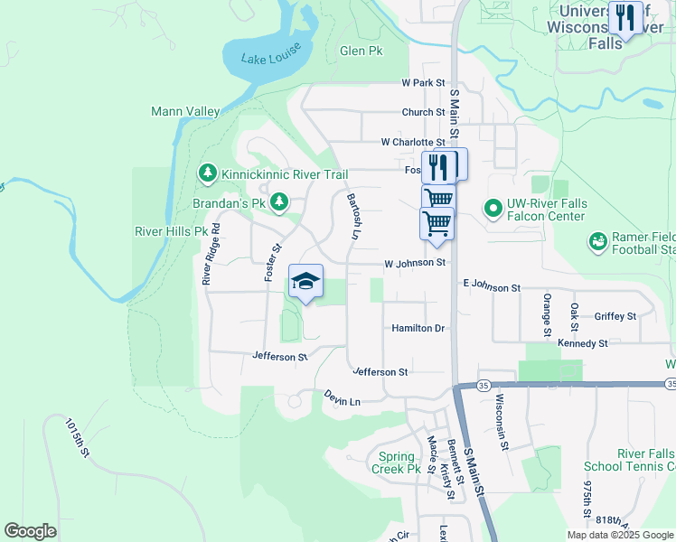 map of restaurants, bars, coffee shops, grocery stores, and more near 1285 Bartosh Lane in River Falls
