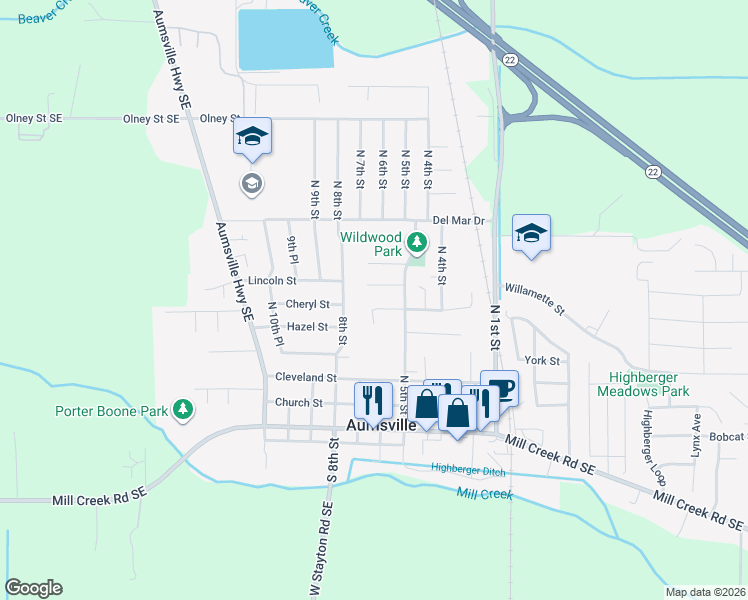 map of restaurants, bars, coffee shops, grocery stores, and more near 625 Locust Street in Aumsville