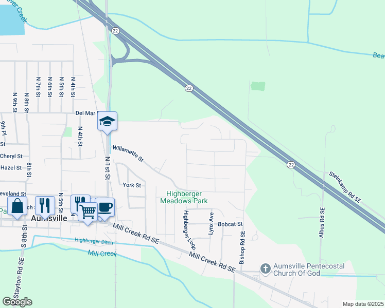 map of restaurants, bars, coffee shops, grocery stores, and more near 9806 Fox Street in Aumsville