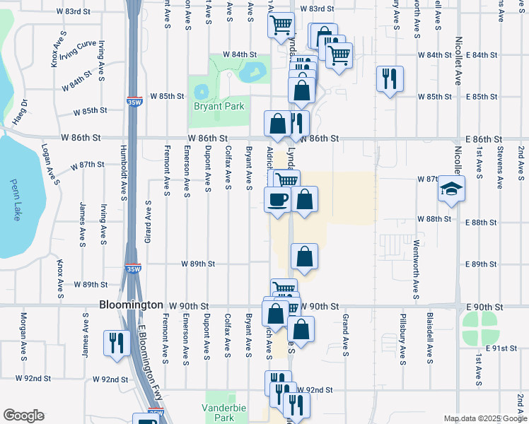 map of restaurants, bars, coffee shops, grocery stores, and more near 8714 Lyndale Avenue South in Bloomington