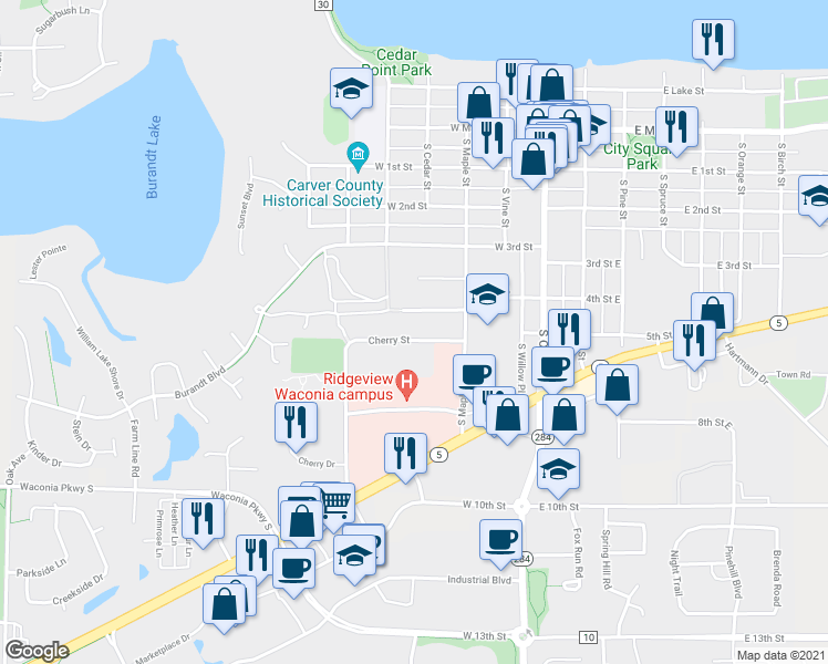 map of restaurants, bars, coffee shops, grocery stores, and more near 346 West 5th Street in Waconia