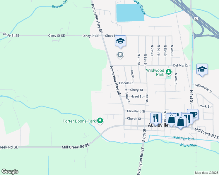 map of restaurants, bars, coffee shops, grocery stores, and more near 1120 Lincoln Court Southeast in Aumsville