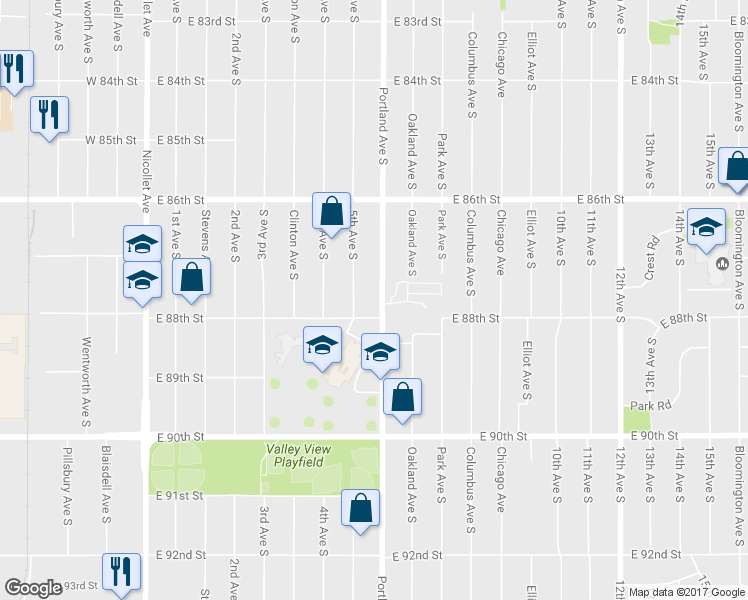 map of restaurants, bars, coffee shops, grocery stores, and more near 8734 Portland Avenue South in Bloomington