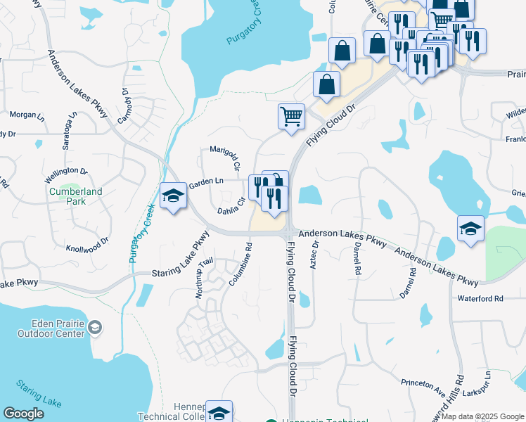 map of restaurants, bars, coffee shops, grocery stores, and more near 8781 Columbine Road in Eden Prairie