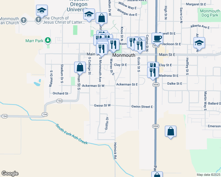 map of restaurants, bars, coffee shops, grocery stores, and more near 120 Ackerman Street East in Monmouth