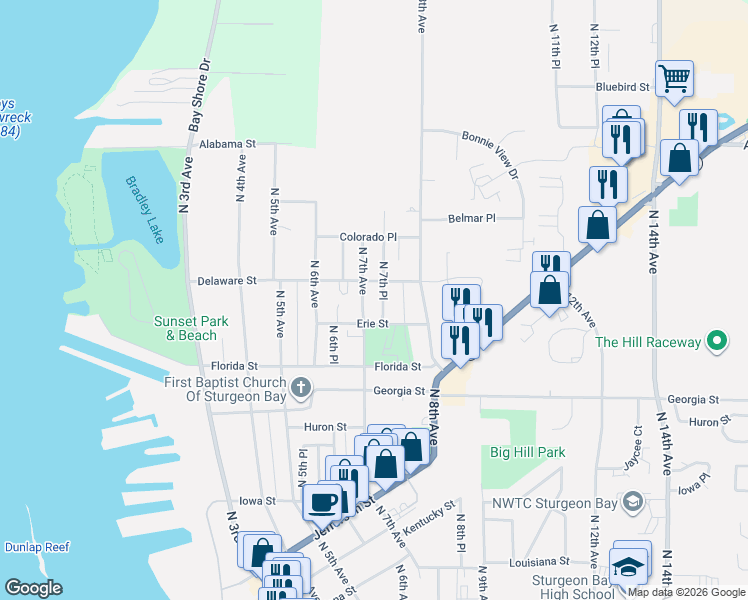 map of restaurants, bars, coffee shops, grocery stores, and more near 842 North 7th Place in Sturgeon Bay