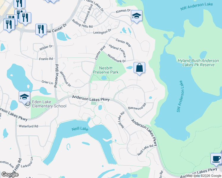 map of restaurants, bars, coffee shops, grocery stores, and more near 11100 Anderson Lakes Parkway in Eden Prairie