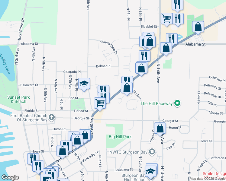 map of restaurants, bars, coffee shops, grocery stores, and more near 938 Egg Harbor Road in Sturgeon Bay
