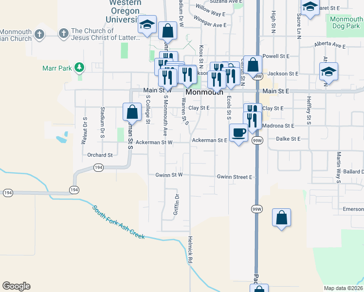 map of restaurants, bars, coffee shops, grocery stores, and more near 120 Ackerman Street East in Monmouth