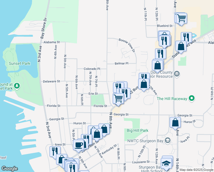 map of restaurants, bars, coffee shops, grocery stores, and more near 758 Delaware Street in Sturgeon Bay