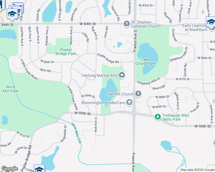 map of restaurants, bars, coffee shops, grocery stores, and more near 4100 West 90th Street in Bloomington