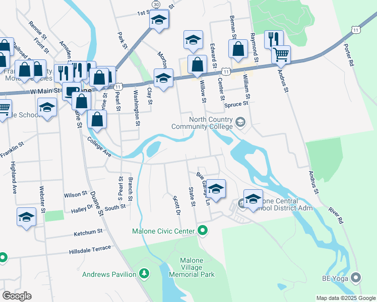map of restaurants, bars, coffee shops, grocery stores, and more near 9 North State Street in Malone