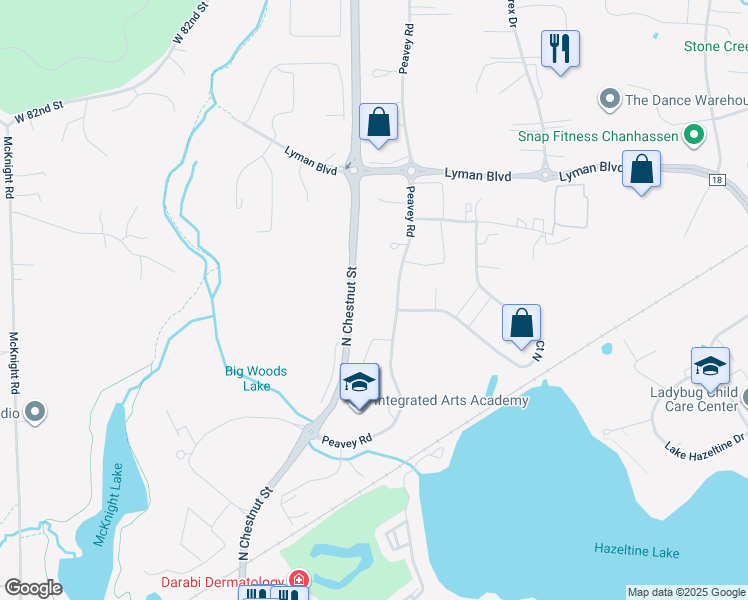 map of restaurants, bars, coffee shops, grocery stores, and more near 103 Peavey Road in Chaska