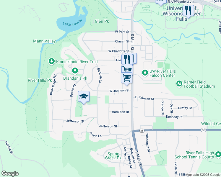 map of restaurants, bars, coffee shops, grocery stores, and more near 287 West Johnson Street in River Falls
