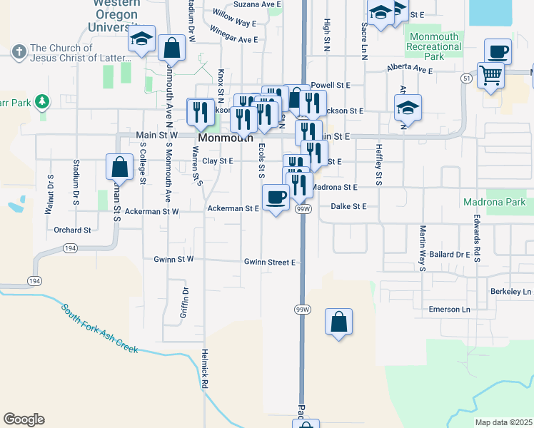 map of restaurants, bars, coffee shops, grocery stores, and more near 421 Ecols Street South in Monmouth